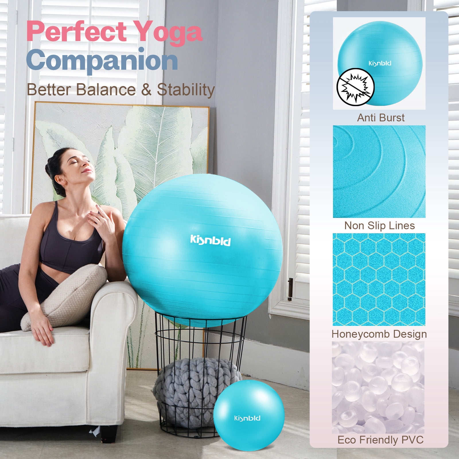 kisnbld Exercise Ball, Extra Thick Yoga Ball with Pilates Bal & Foot Pump, 3 Sizes Anti-Burst Home, Gym & Office Workout Equipment for Yoga or Sitting