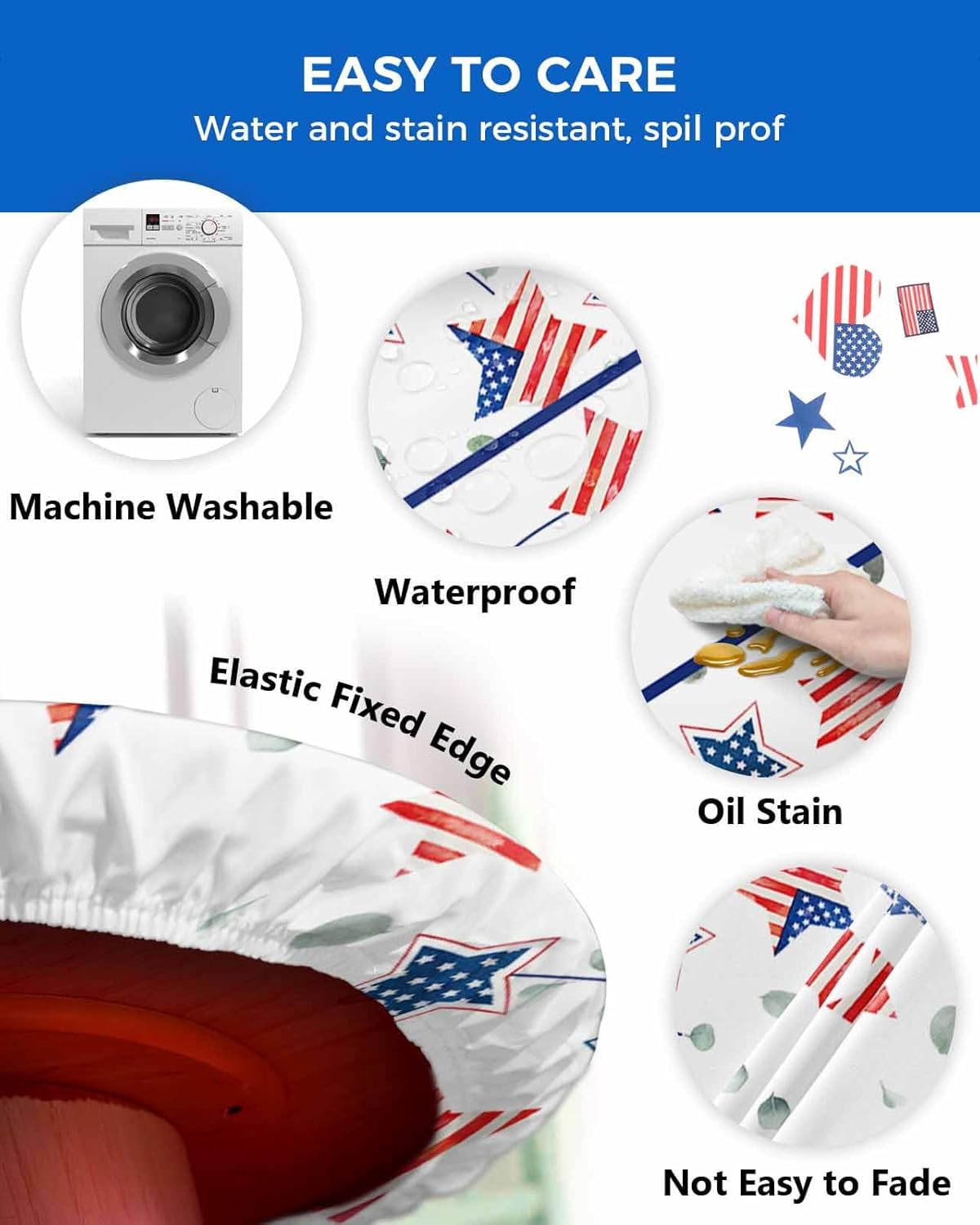 Memorial Day Round Fitted Tablecloth,American Flag Patriotic Star Elastic Edge Table Cover Waterproof Wipeable Table Cloths for Home Kitchen Dining Party Indoor Outdoor Decor 36"-44"