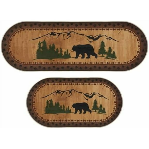 2 Pcs Bear Non Skid Rug Rustic Lodge Theme Area Rug with Bear and Cub Scene Cabin Rug Bear Farmhouse Rug Winter Kitchen Cabin Rug Christmas Bear Decor for Home Bathroom Bedroom Living Room