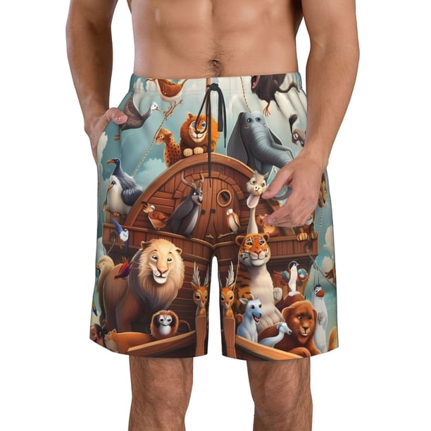 Fotbe Animal Filled Noahs Ark Trajes de Baño Estampados para Hombre, Shorts de Verano de Secado Rápido, Ropa de Playa, Bañadores-Small
