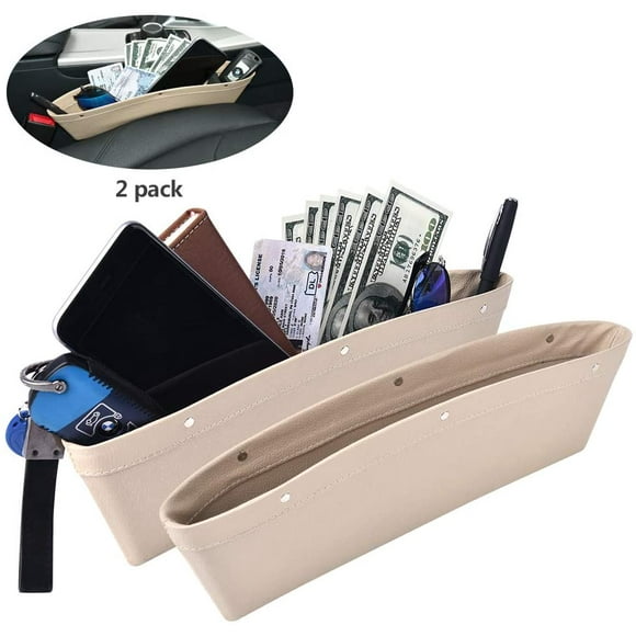 Car Seat Gap Filler, 2 Pack Universal Leather Car Seat Pocket Organizer, with 4 Spacer Between Seats Gap Filler to Hold Keys, Coins, Phone, Cards, Pens (Khaki)