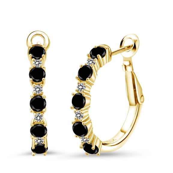 Gem Stone King 18K Yellow Gold Plated Silver Women Hoop Earrings Black Diamond White Diamond (1.26 Cttw, Round Cut, 3/7 inch Diameter)