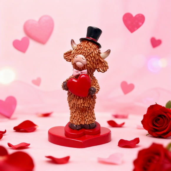 Highland Cow Figurine Valentines Day Decorations,Valentines Highland Cow Decor, Romantic Brown Calf Resin Figurines for Tiered Tray Table Home Decor, Valentines Gifts for Him Her Wedding Anniversary