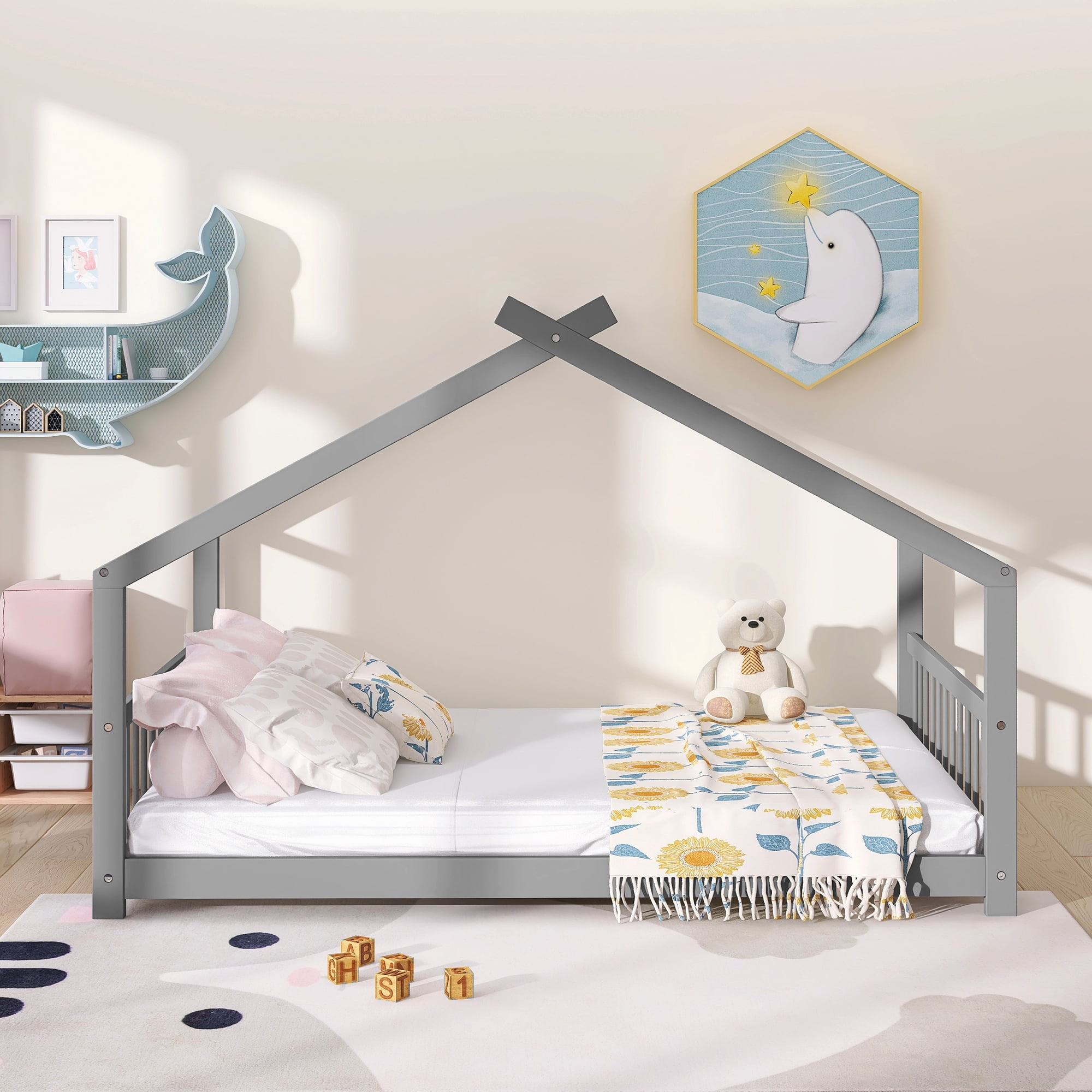 Leumius Full Size Wood House Bed for Kids,Montessori Floor Bed Frame with Headboard and Footboard,Playhouse Bed for Girls Boys(Full, Gray)