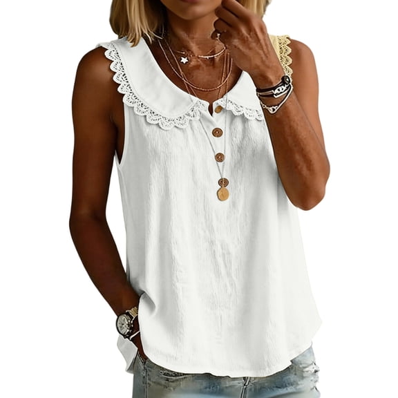 CIENVNSTG Scoop Neck Lace Collared Tank Tops Solid Color Cotton Sleeveless Button Down Loose Fit Lightweight Casual Tops for Women White S