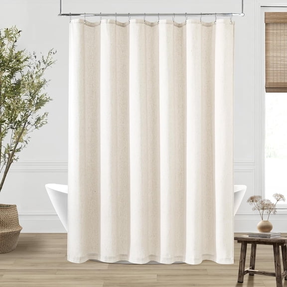 Cream 72 in W x 96 in L Linen-Blend Water-Repellent Semi-Sheer Grommet Shower Curtain with Hooks