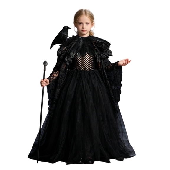 Tisuna Halloween Stage Dresses For Teen Girls Solid Color Sleeveless Halter Neck Party Dress With Accessories Trendy Kids Festival Theme Performance Long Dress Size 6-7 Years Black