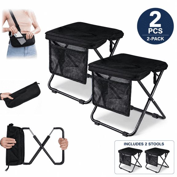 RXFSP 2pcs Portable Folding Stool with Carry Bag, Compact Camping Chair with Storage Pockets, Adjustable Shoulder Strap for Outdoor, Travel, Fishing