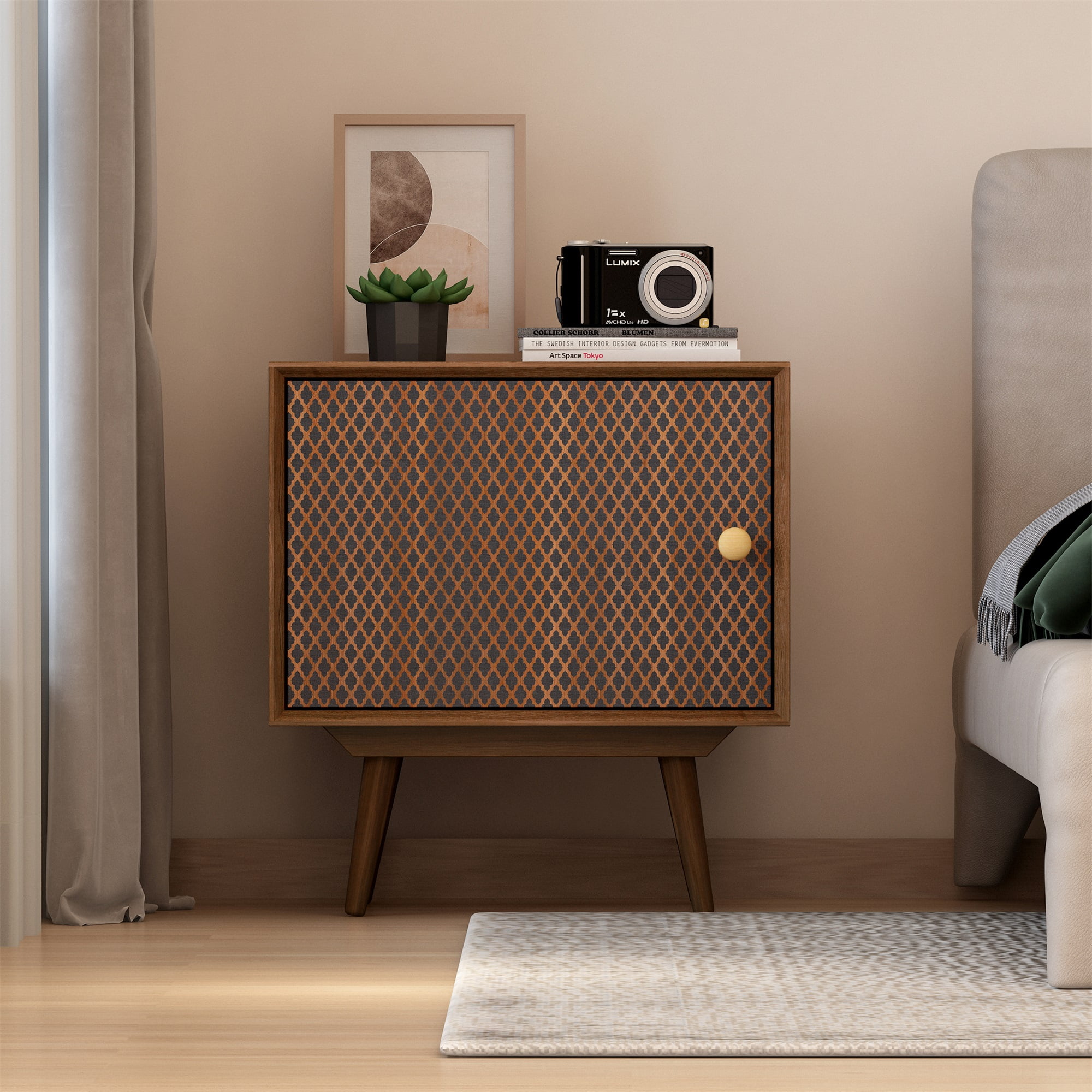 Spaco Patterned Nightstand with 1 Door Solid Wood Side Tables Bedroom, Brown Spaco Patterned Nightstand with 1 Door Solid Wood Side Tables Bedroom, Brown