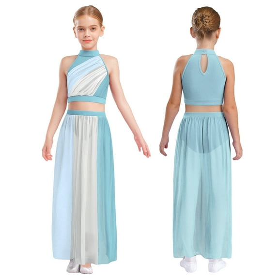iixpin Kids Girls 2-Piece Modern Lyrical Dance Outfit Sleeveless Crop Top with Flowy Skirt Dancewear Light Blue 10