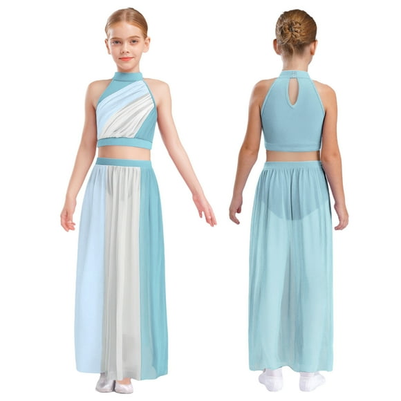 renvena Haut Court Contemporain pour Filles avec Jupe Fluide Deux Pièces Robe de Danse Lyrique Tenue de Danse de Salon Ballet Bleu Pâle 12