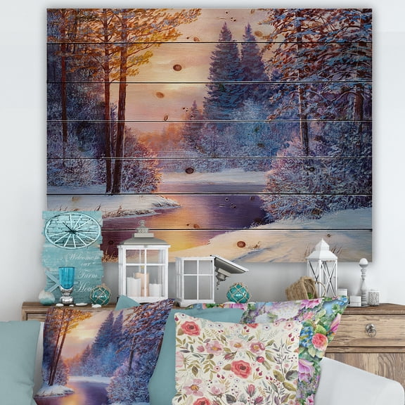 Designart 'Dark Blue Silhouettes of Trees With Winding River' Lake House Print on Natural Pine Wood