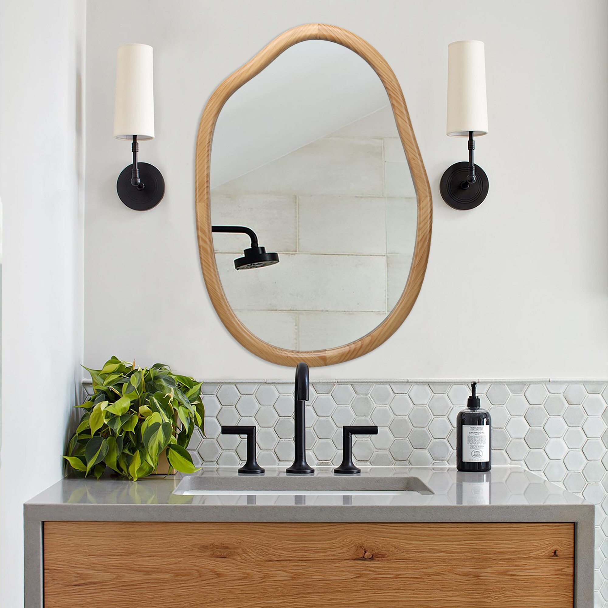 AENKYO Modern Irregular Wavy Mirror, Asymmetrical Wood Frame Decorative Wall Mirror for Bedroom & Living Room, Natural