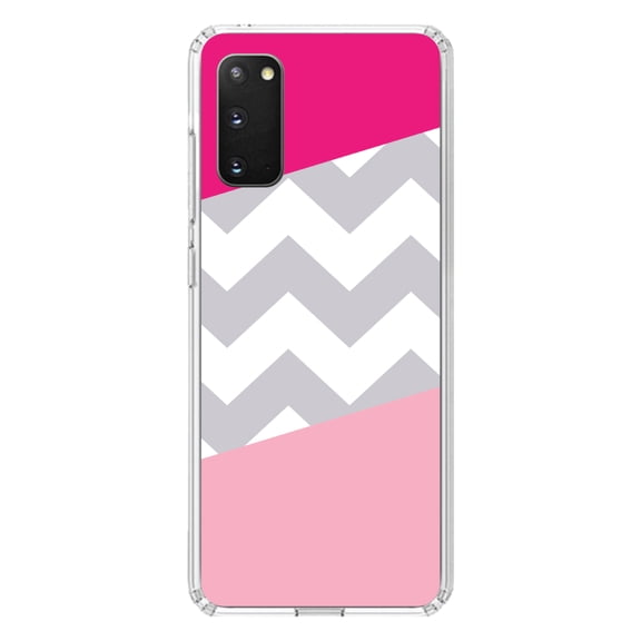 DistinctInk Clear Shockproof Hybrid Case for Galaxy S20 PLUS / 5G (6.7" Screen) - TPU Bumper, Acrylic Back, Tempered Glass Screen Protector - Hot Pink Block Grey Chevron - Stripes Pattern