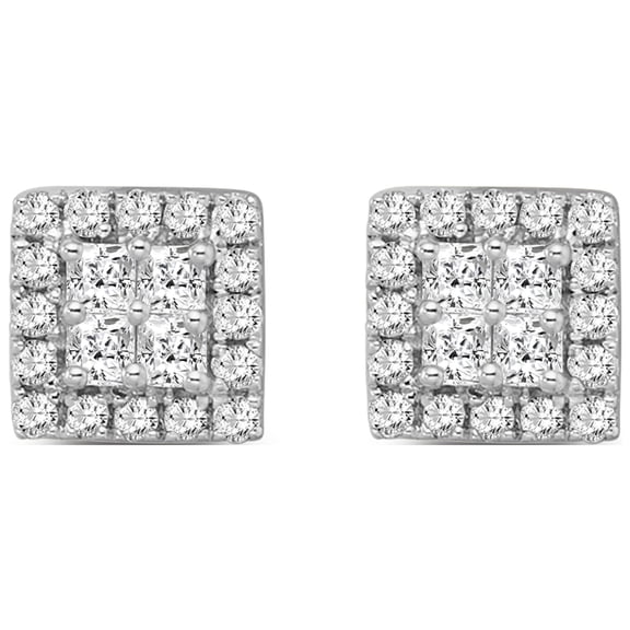 ARAIYA JEWELRY 10K White Gold Princess Diamond Cluster Stud Earrings for Women (1/4 Cttw, I-J Color, I2-I3 Clarity)