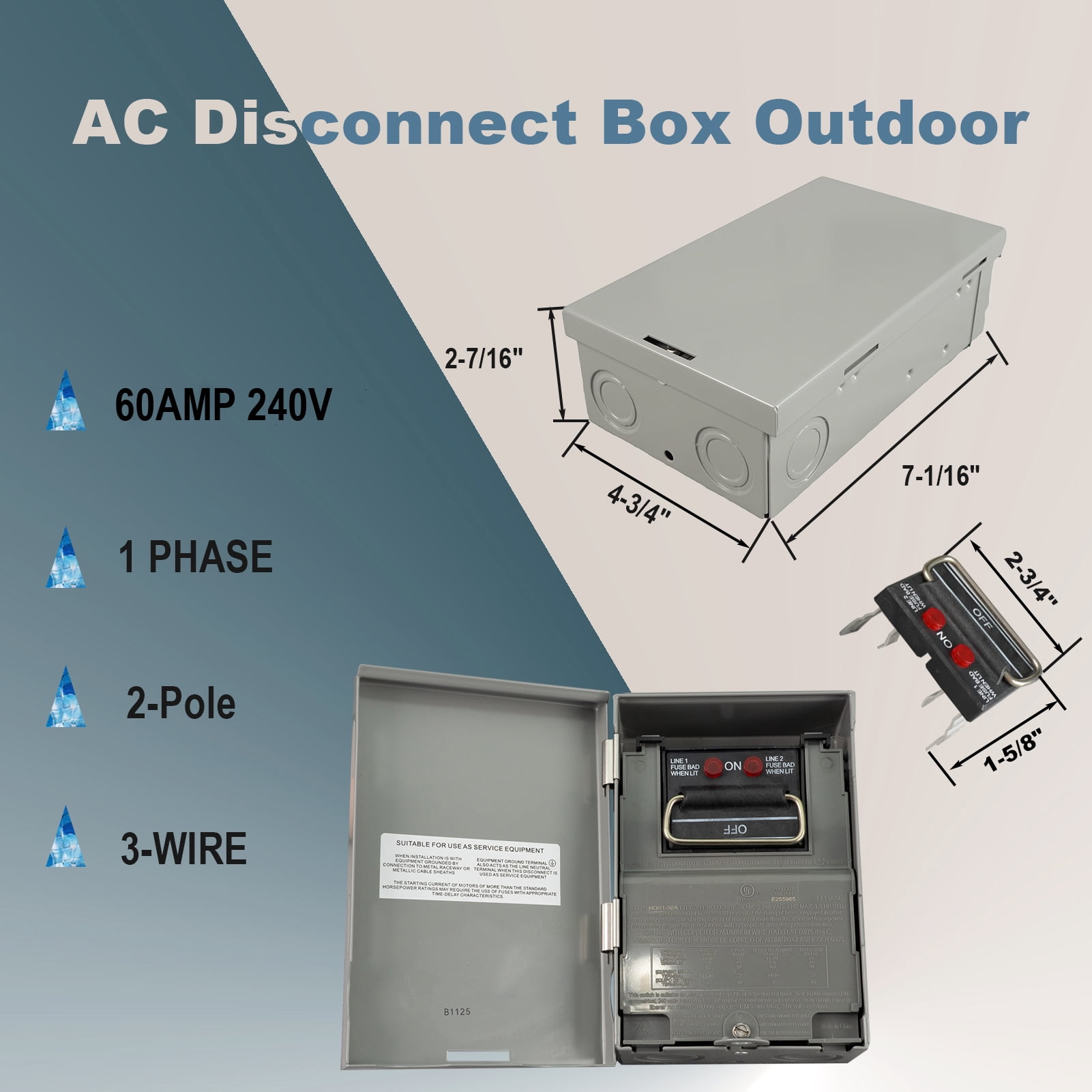 HIITIO 60 Amp 240V Fused AC Disconnect Box - Outdoor Waterproof Metal Enclosure with Safety Switch for HVAC Systems - UL Listed