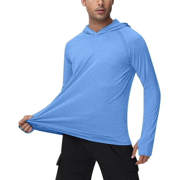 Men's Upf 50 Sun Protection Fishing Shirt Hoodie Long Sleeve Solid Color Cooling Breathable Hiking Running Swimming Sports Tops for Men | AESTIVO,Light Blue L