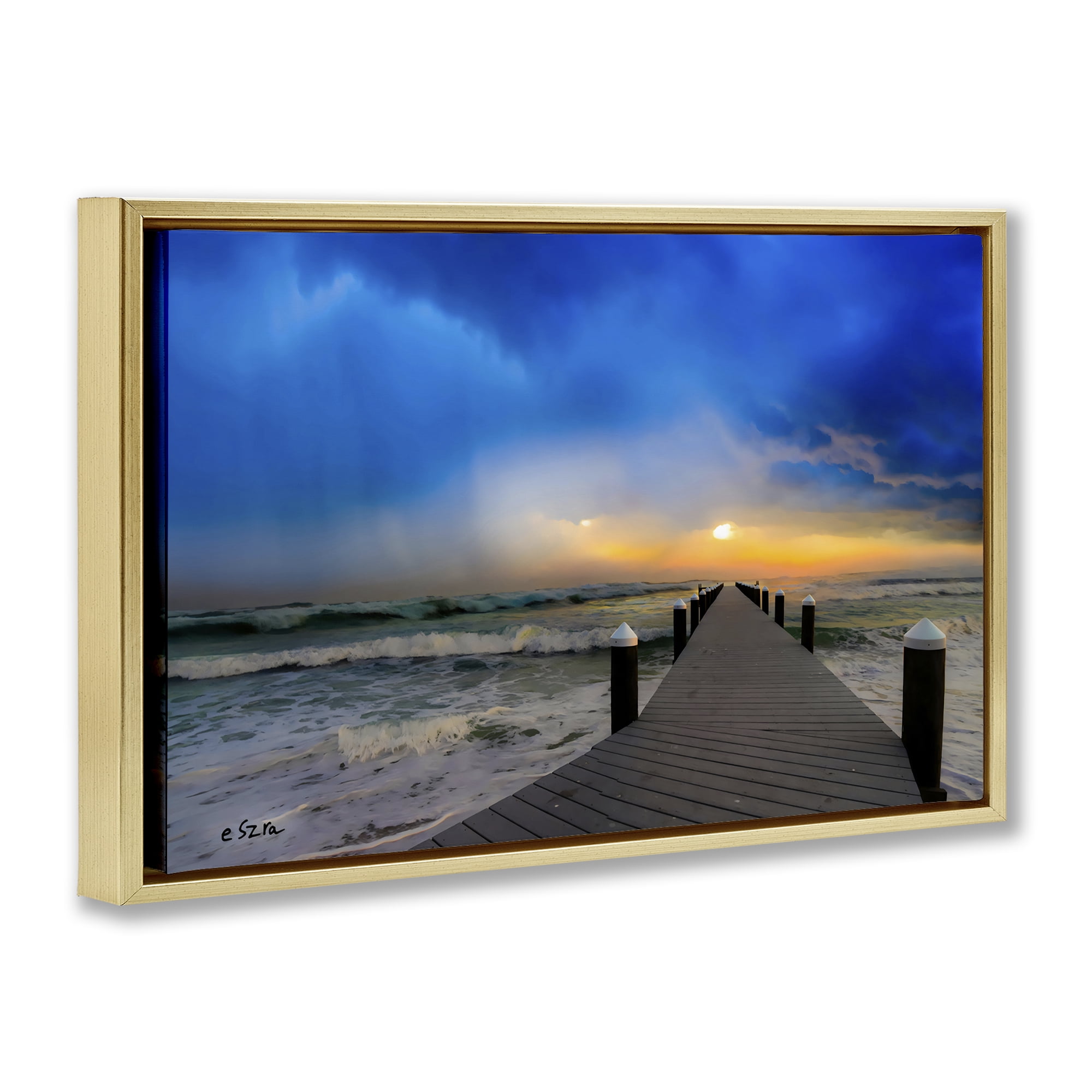 Stupell Industries Sun Breaking Over Sea Pier Gold Framed Floater Canvas Wall Art, design by Eszra Tanner