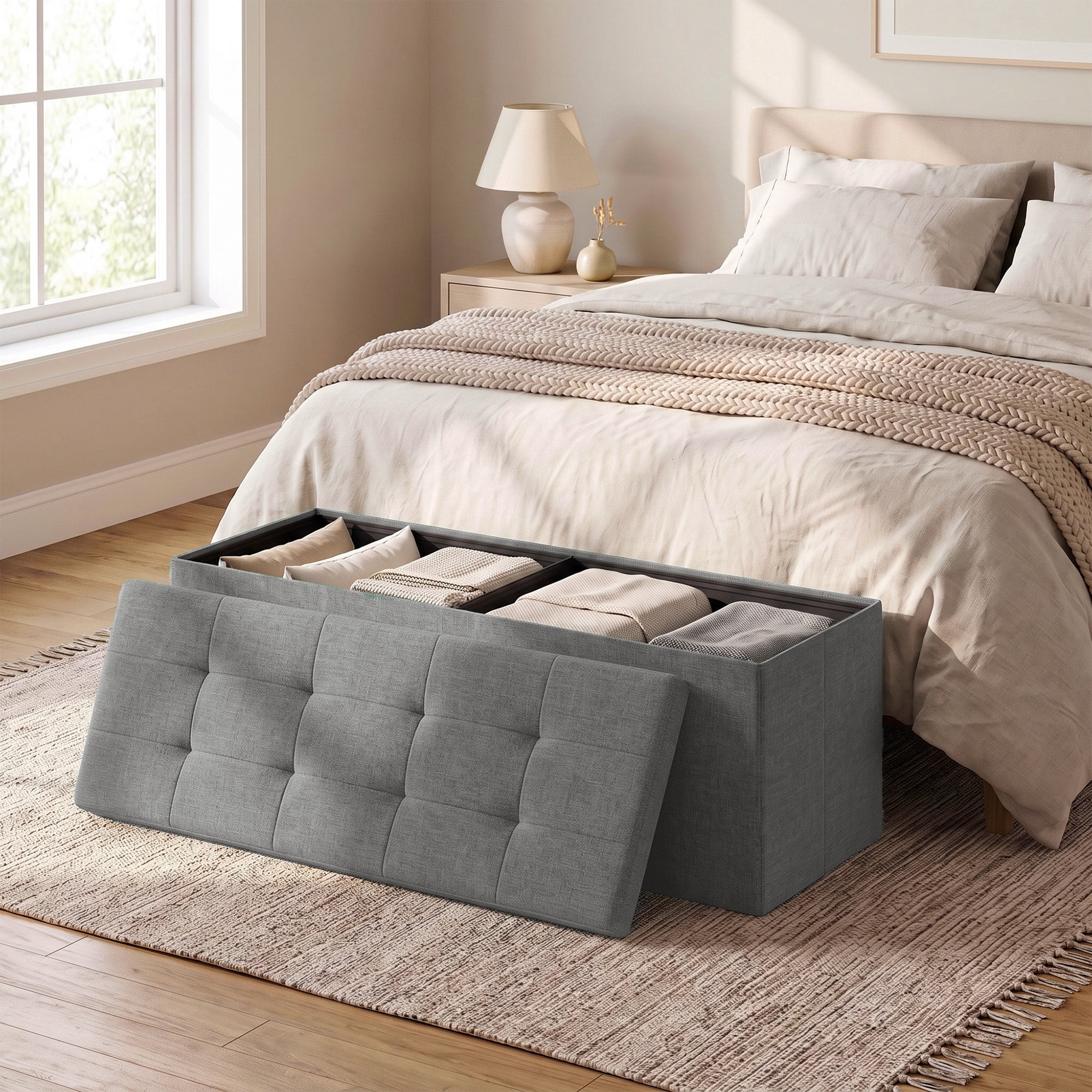 Ledrem Foldable Storage Ottoman Bench, 660lb Capacity, Light Gray