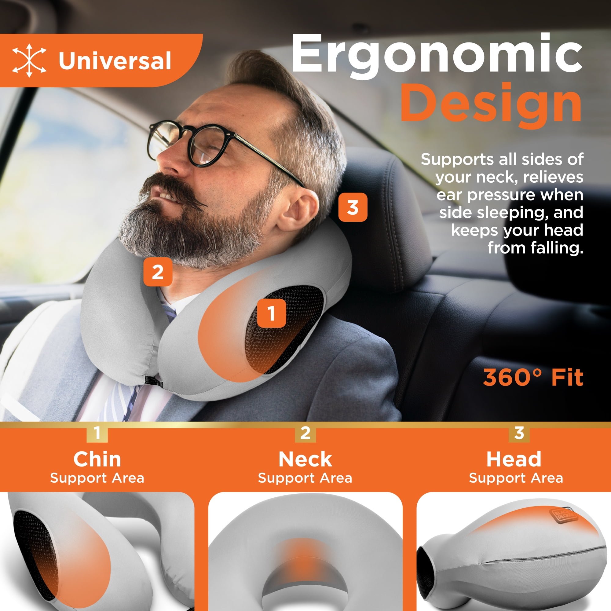 BLACK+DECKER Memory Foam Travel Pillow, Ergonomic Cervical Neck Pillow, Gray