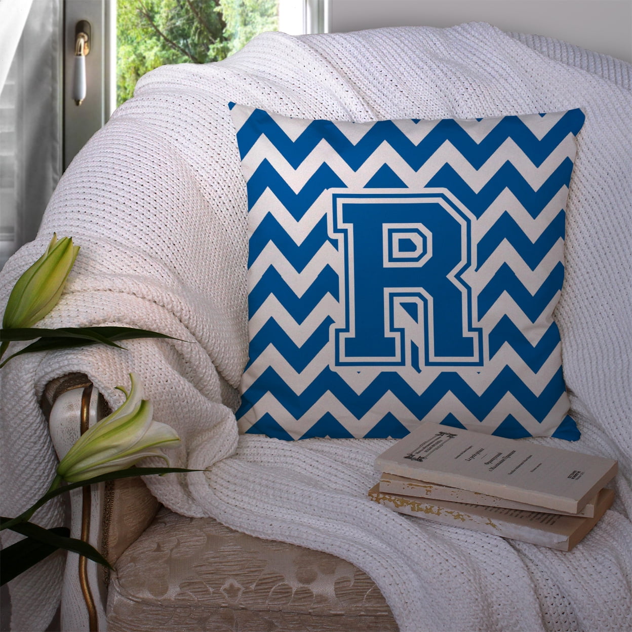 Carolines Treasures Letter R Chevron Blue and White Fabric Decorative Pillow 14Hx14W multicolor