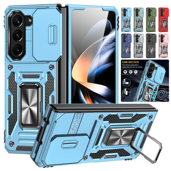 For Samsung Galaxy Z Fold 5 Shockproof Ring Stand Armor Case Slide Camera Lens Protection Cover