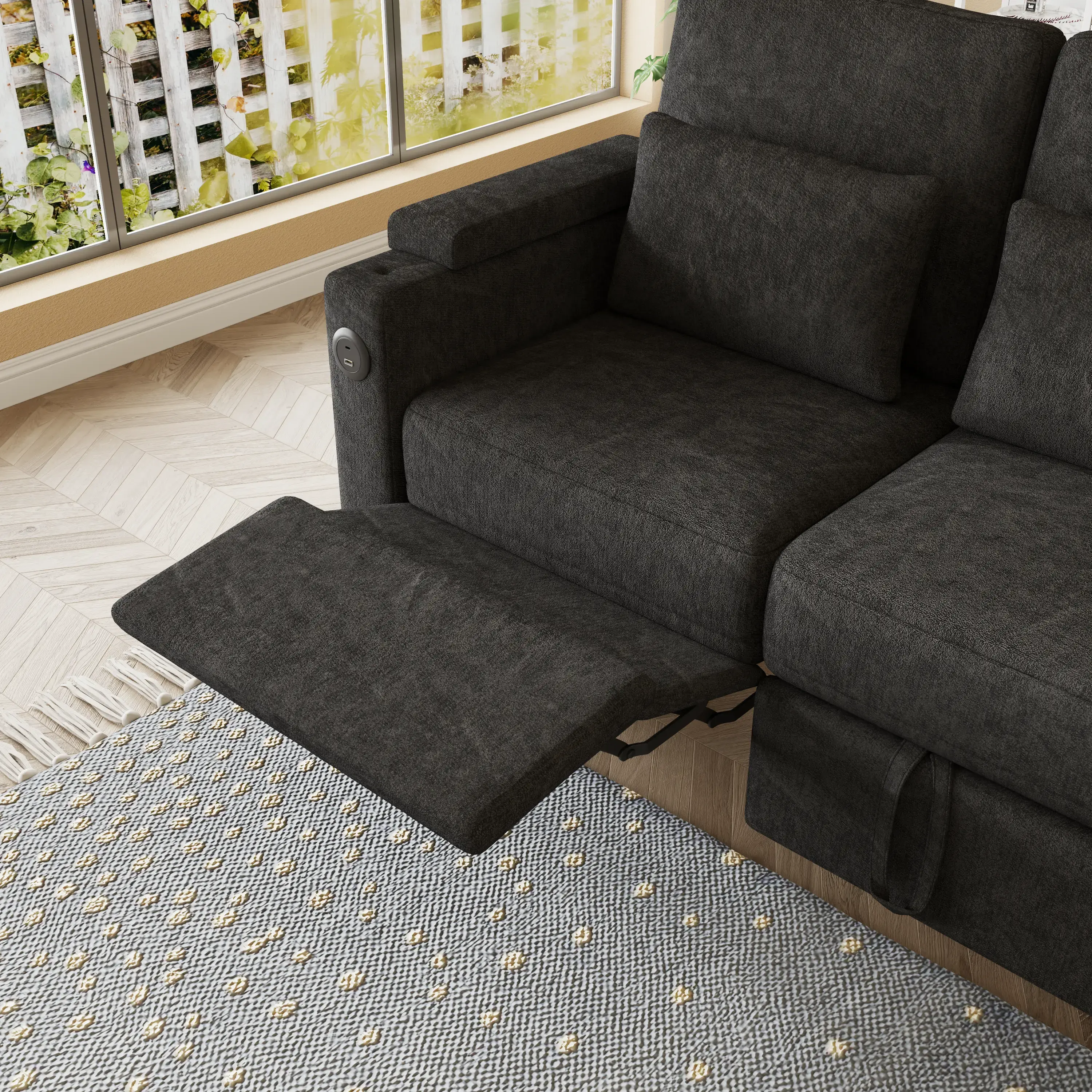 Aukfa 83" Convertible Sofa Bed, Chenille 3-Seater Pull-Out Sleeper Couch with Recliner, USB Port, Swivel Table & Storage Armrests,Black