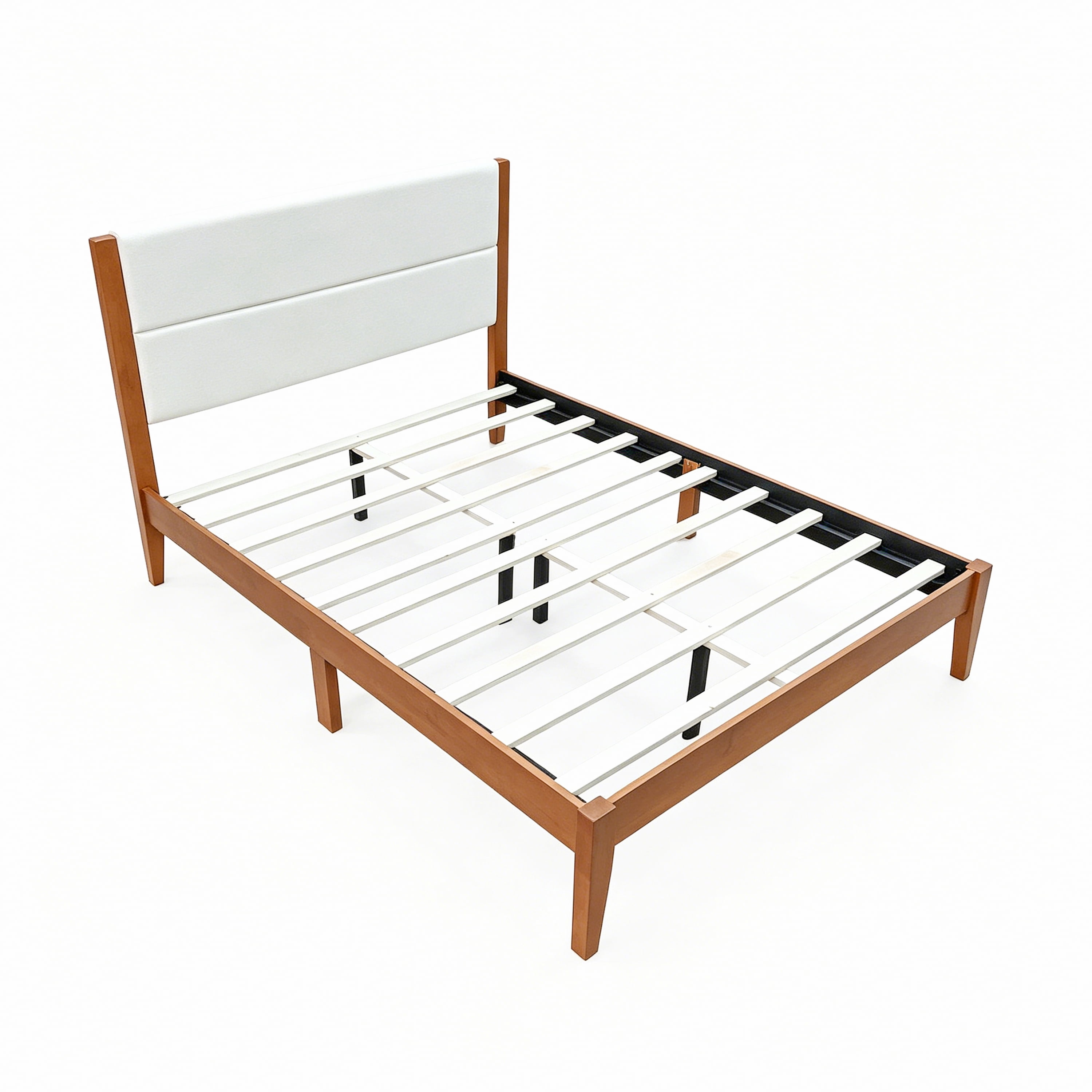 Queen Size Modern Wood Platform Bed Frame with Upholstered Headboard, No Box Spring Needed
