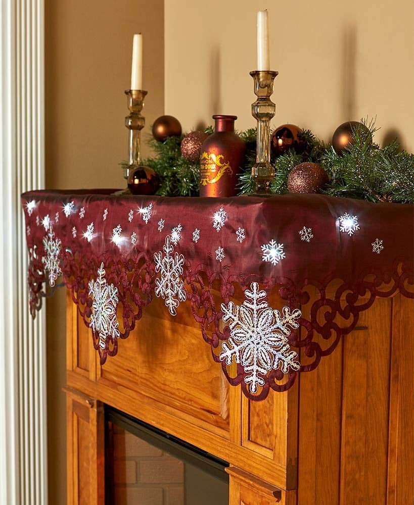 Burgundy Lighted Snowflake Mantel Scarf, Trimmed with sequins and light
