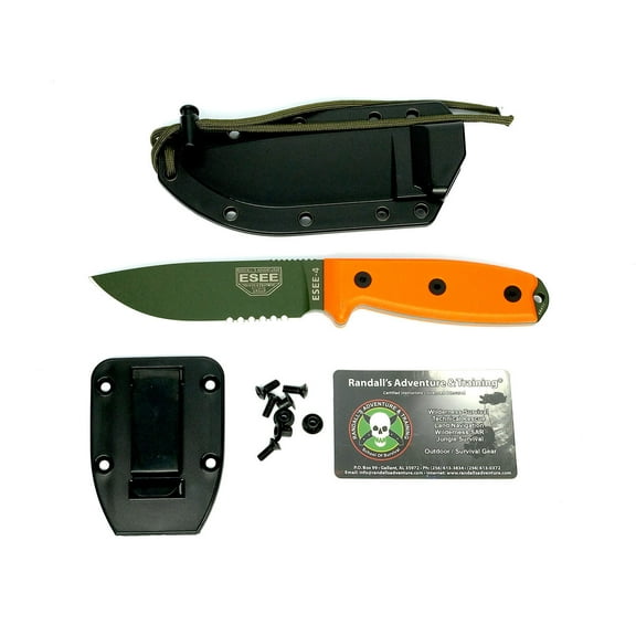 ESEE Knives ESEE 4 Fixed Blade Knife 4.5in Serrated Edge Orange G10 OD Green ESEE4SOD