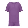 thumbnail image 3 of Scyoekwg Womens 2 Piece Outfits Sweatsuits Sets Solid Color Trendy Short Sleeve V-Neck Tops Drawstring Shorts Tracksuit Casual Loose Matching Sets (Purple,XXL), 3 of 5