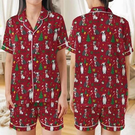 Lotusprinthandmade Boston Terrier Dog Christmas All-over Print Satin Short-Sleeve Pajamas Set (No Pocket) (S) – Cute Dog Holiday Sleepwear For Women