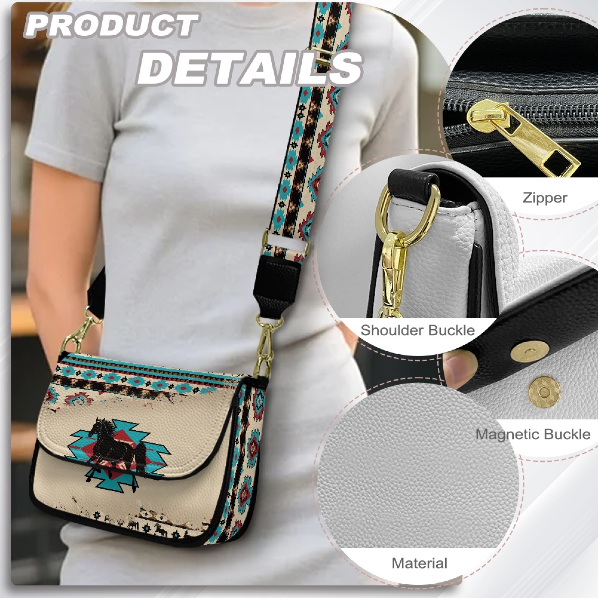 TSOVTHRID Aztec Tribal Horse Print Crossbody Purse for Women, PU Leather Cell Phone Purse, Trendy Crossbody Bags, Handbags Shoulder Bag for Travel Party