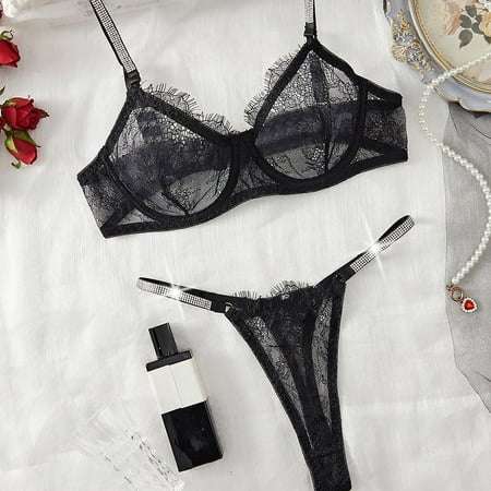 Generic New Pure Desire Transparent Mesh Lace Underwear Female Thin Bra Set Hot Rhinestone Embellished Sexy Lingerie