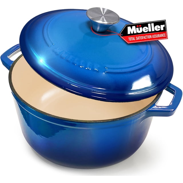MÜELLERHOME Horno holandés de hierro fundido esmaltado de 4.5 cuartos, cacerola resistente y sartén para estofado con tapa y perilla de acero inoxidable, apto para horno hasta 500 °F y en todas las es