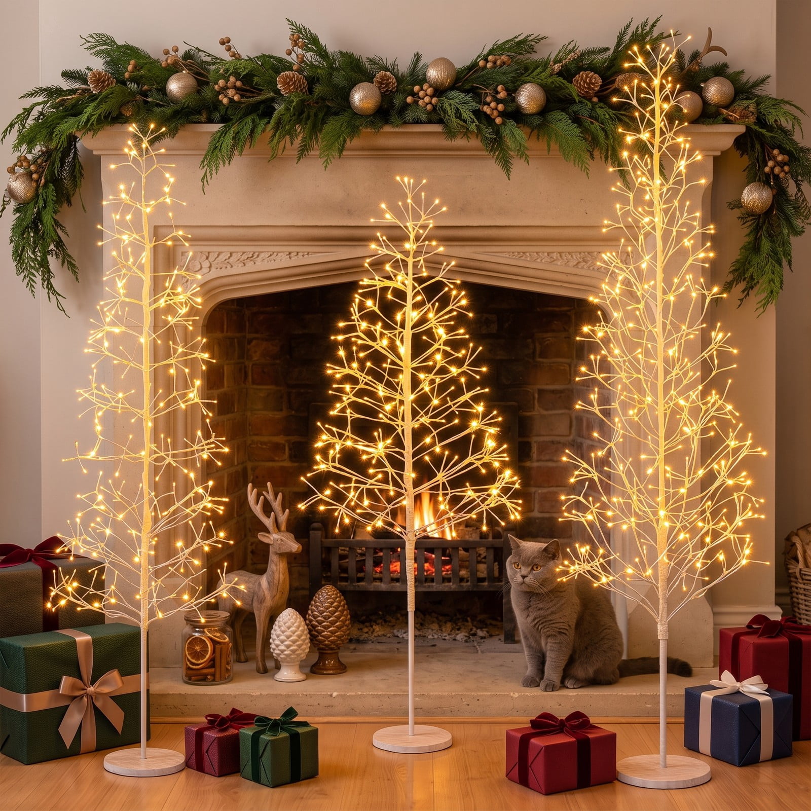 RUIE 5 FT Pre-Lit Birch Tree, Lighted Twig Tree with 240 Warm White LED Lights, Weighted Cement Base, Flexible Branches for Christmas Holiday Home Party Wedding, White