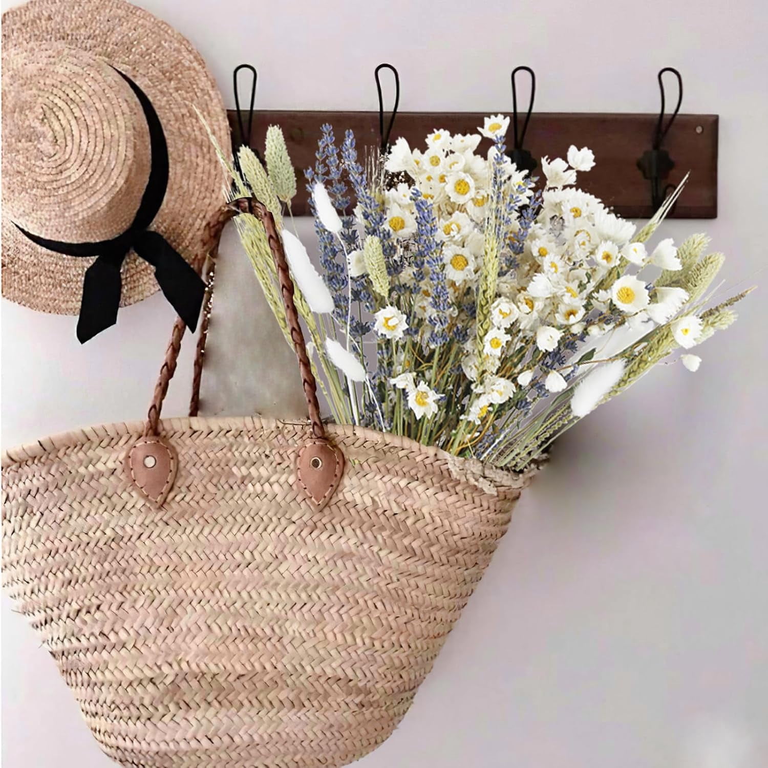 Dried Flowers Bouquet Dried Daisy Flowers Natural Lavender Dried Flowers Bunny Tails Gerber Daisies Flowers Wheat Stalks Floral Arrangements for Wedding Table Centerpiece Decor Farmhouse