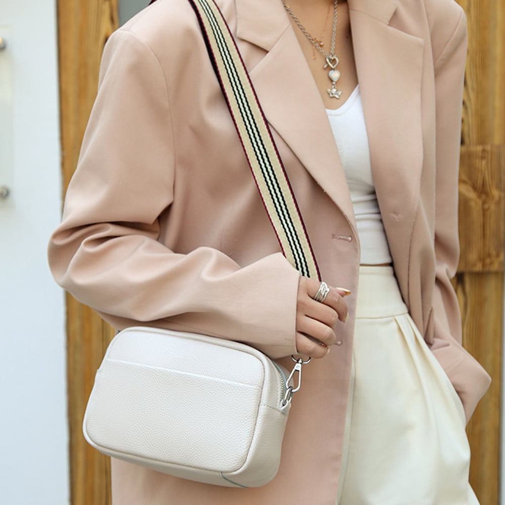 Crossbody Bag for Women Leather Wide Strap Shoulder Bag Purse Trendy Crossbody Purse Top Zip, 25*16*8cm - white