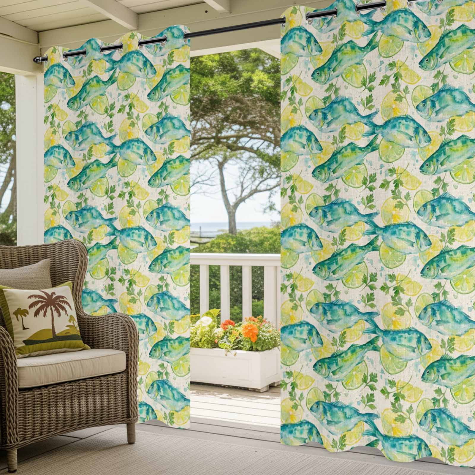Summer Oceans Fish Outdoor Curtains for Patio, Country Sea Watercolor Yellow Lemon Leaf Linen Sunshade Privacy Drapes Grommet Waterproof Outside Curtains for Porch/Cabana/Balcony 54"x 108", 1 Panel