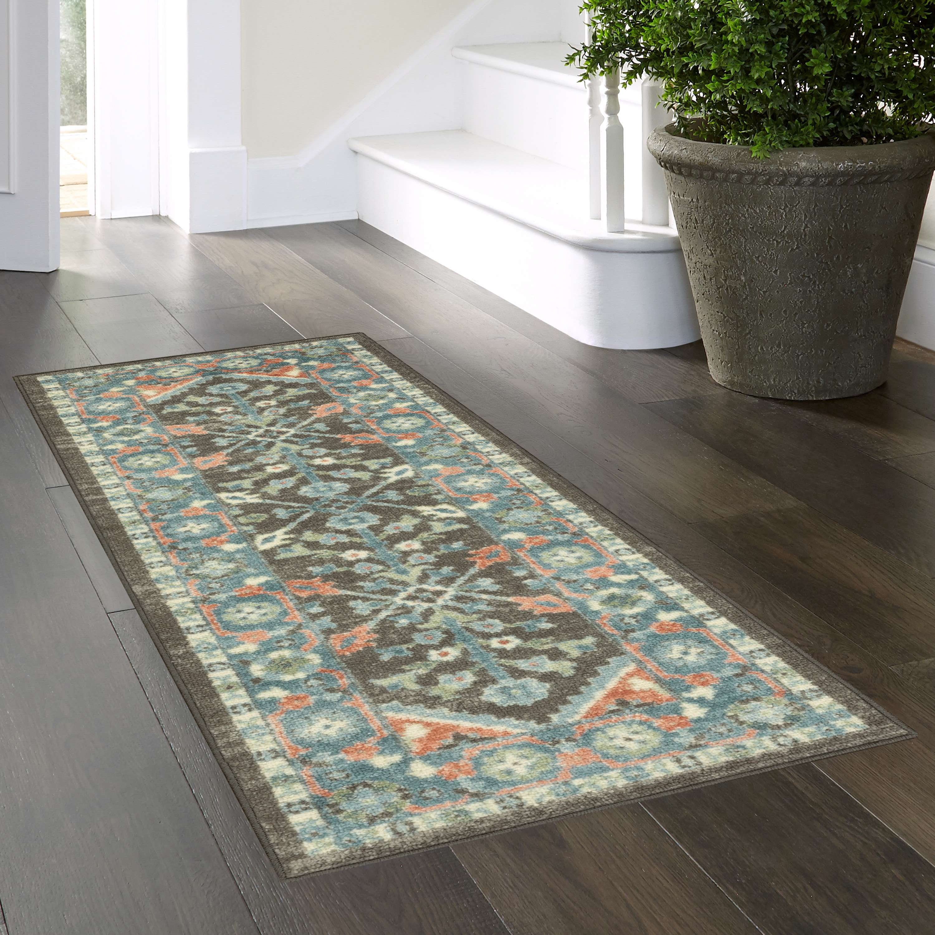 Mainstays Persian Border Medallion Loop Print Gray Aqua Indoor Runner Rug, 1'8" x 5'
