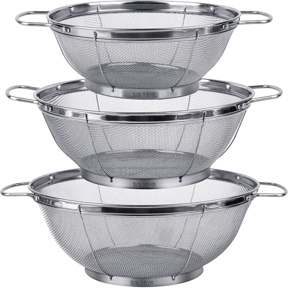 3 Pack 18/8 Stainless Steel Colander Sieves(5-Quart, 4-Quart and 3-Quart), Mesh Strainer Net Baskets with Handles & Resting Base for Strain, Drain, Rinse or Steam