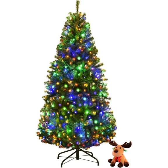 4ft Pre-Lit Artificial Christmas Tree w/300 PVC Branch,11 Sequences, Pre-Strung 100 UL-Certified Dual-Colored LED Lights, Metal Hinges & Foldable Base, Xmas Tree for Holiday Decor