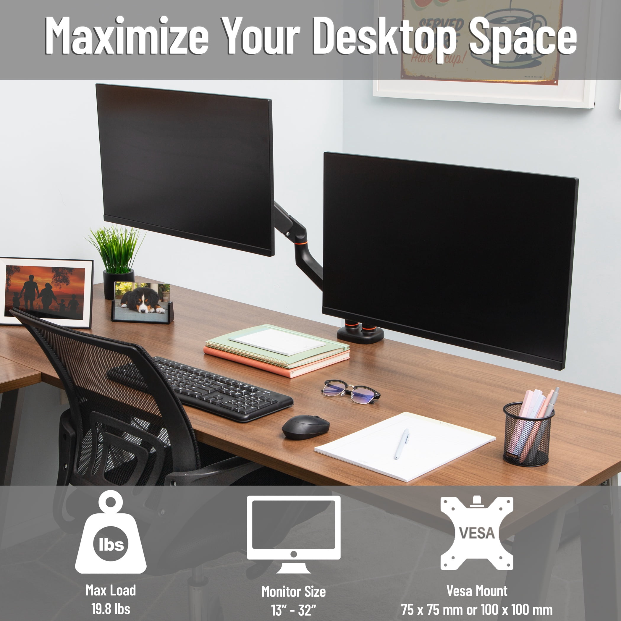 Mind Reader Dual Monitor Gas Spring Desk Mount, Counter-Balance Arm for 13"–32" Monitors, VESA 75x75 / 100x100, ±180° Rotation, ±65° Tilt, ±180° Swivel, 19.8 lb Capacity Each, Black