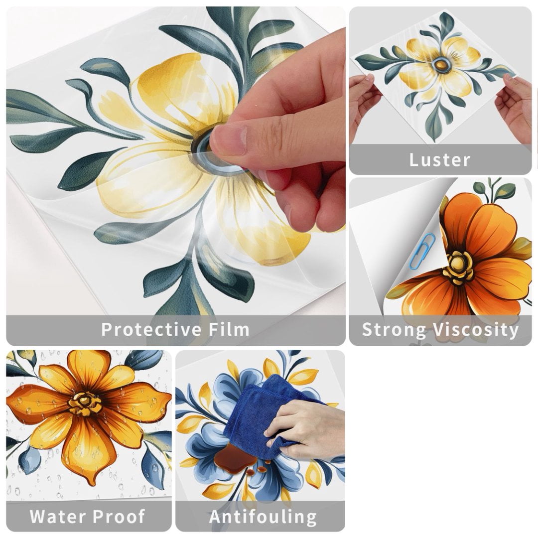 24 Pcs Self Adhesive Tiles Stickers 8 x 8inches Blue Gold Flowers Pattern Wall Decals DIY Decor Peel and Stick Waterproof Tile Kitchen Backsplash