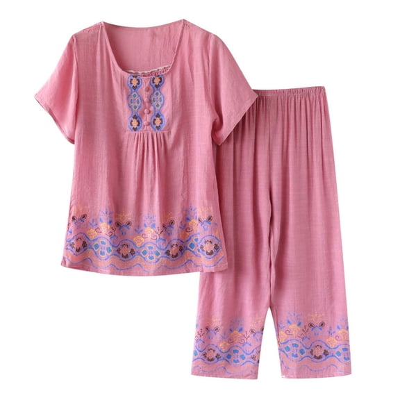 Women’s 2 Piece Linen Outfits Short Sleeve Floral Print Lounge Sets Crewneck Summer Suits