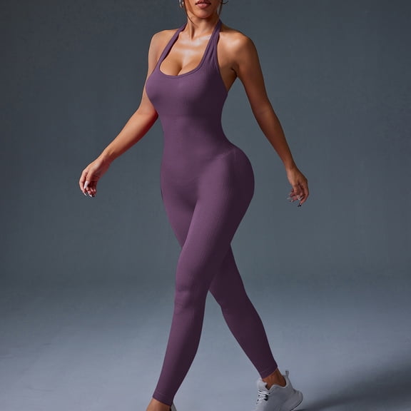 Xdegoge Women's High Waisted Ribbed Bodysuit Workout Compression One Piece Yoga Gym Wear Full Body Fitness Suit