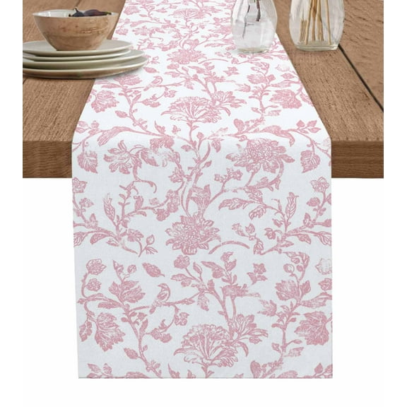 Pink Flower Table Runner 72 Inches, Vintage Farmhouse Boho Leaf Spring Solid Bed Runner Dresser Scarves Tabletop for Indoor Outdoor Parties/Ceremony/Banquet, 18" x 72"