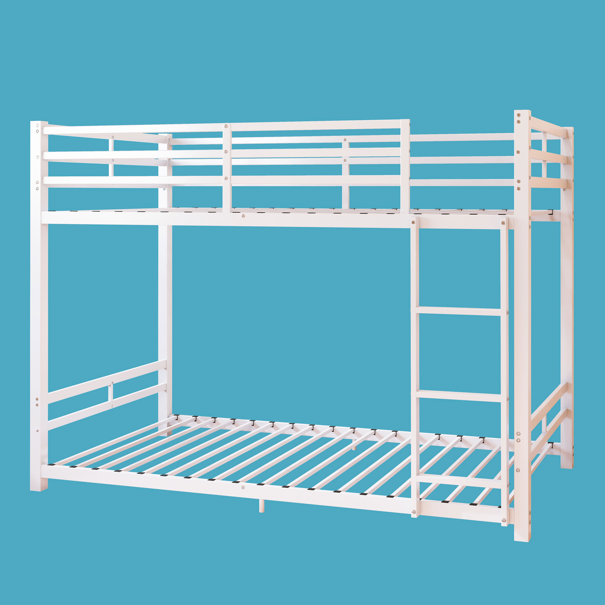 MAYEERTY Twin Over Twin Metal Bunk Bed with High Guardrail and Ladder, Heavy Duty Low Profile Bed Frame, for Kids Teens Adults Bedroom Dorm, No Box Spring Needed