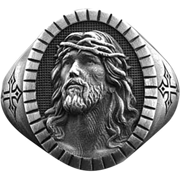 Men's Jesus Head Ring Catholic Christian Cross Vintage Signet Retro Religious Amulet Baptism Bands Hip Hop Biker Jewelry Gift for Men Women Father's Day Accessories