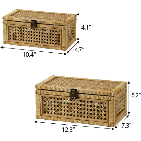 Rattan Decorative Box, Boho Display Boxes with Lids, Set of 2 Rectangular Wicker Storage Basket, Natural Woven Cane Bins for Home Decor (Rectangular)